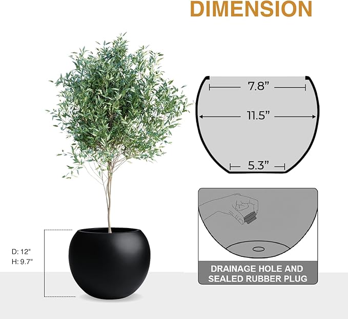 KUTE NEST 9.7" H x 12" D Globo Fiberstone Round Planter with Drainage Hole, Smooth Finishes, Weather Resistant for Indoor and Outdoor Use, Included 2 Extra Coco Mats (Black, 7.8" Pot Opening)