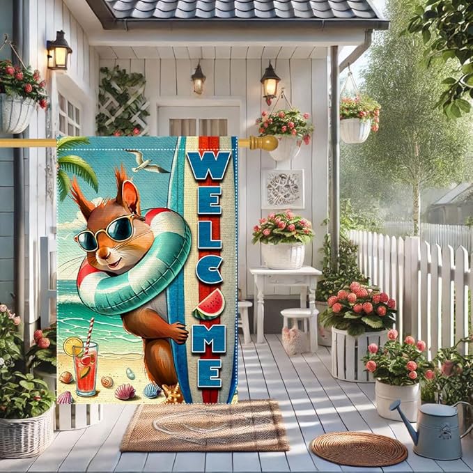 Welcome Garden Flag Double Side Burlap beach Surfboards Squirrel Summer Garden Flags Home Outdoor Yard Lawn Coastal Decorations(RMQ-479D, 28"X40")