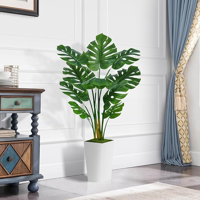 ASTIDY Artificial Monstera Deliciosa Plant 5FT - Faux Tropical Palm Tree with White Tall Planter - Fake Swiss Cheese Floor Plant Potted - Artificial Tree for Home Office Living Room Decor Indoor
