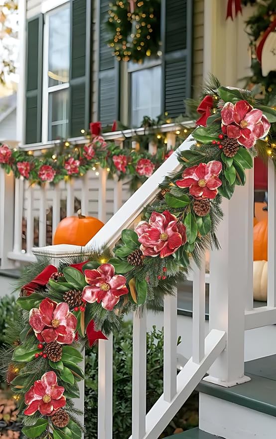 Briful 5FT Christmas Magnolia Flower Garland with Pine Cones Berries Artificial Silk Floral Vine Faux Flower Garland for Xmas Backdrop Table Wall Wedding Party Home Decor
