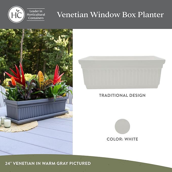 The HC Companies Venetian Window Planter Box w/Drain Plug - Long Planter Box for Windowsills, Balconies & More - Plastic Large Rectangular Outdoor Planters for Herbs & Flowers (30" White, Pack of 1)