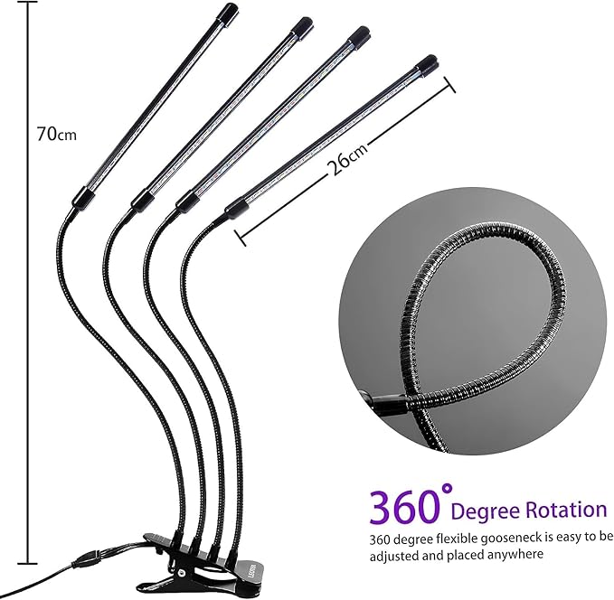 Grow Light for Indoor Plants -2 Packs Upgraded Version 80 LED Lamps with Full Spectrum & Red Blue Spectrum, 3/9/12H Timer, 10 Dimmable Level, Adjustable Gooseneck,3 Switch Modes (4 Heads 2Pack)