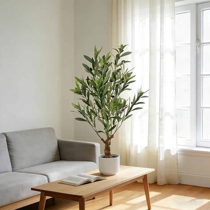 Abyjifar 34" Fake Olive Tree with Pot Indoor, Small Artificial Olive Branches Stems Potted Greenery Faux Green Plants in Pot for Tabletop Desk Office Bedroom Bathroom Kitchen Living Room Home Decor