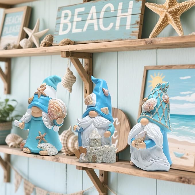 Hodao 3PCS Summer Gnomes Decoration Handmade Star Shell Gnomes Figurines for Home, Beach House Decor, Nisse Scandinavian, Summer Elves Decor for Table, Shelf, Living Room