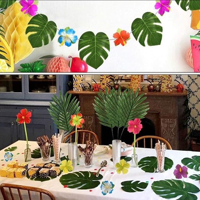 80PCS Artificial Tropical Palm Leaves Plant Imitation Leaf Fake Monstera Leaves Hawaiian Luau Jungle Safari Birthday WeddingTheme Party Table Wall Decorations,Bonus 4 Sheets/80pcs Dot Glues