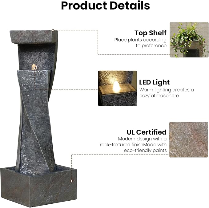 47.2" H Garden Fountains Outdoor Modern Water Fountain Indoor Floor Standing Large Waterfall with LED Lights and Pump for Patio Decor, Yard Decorations