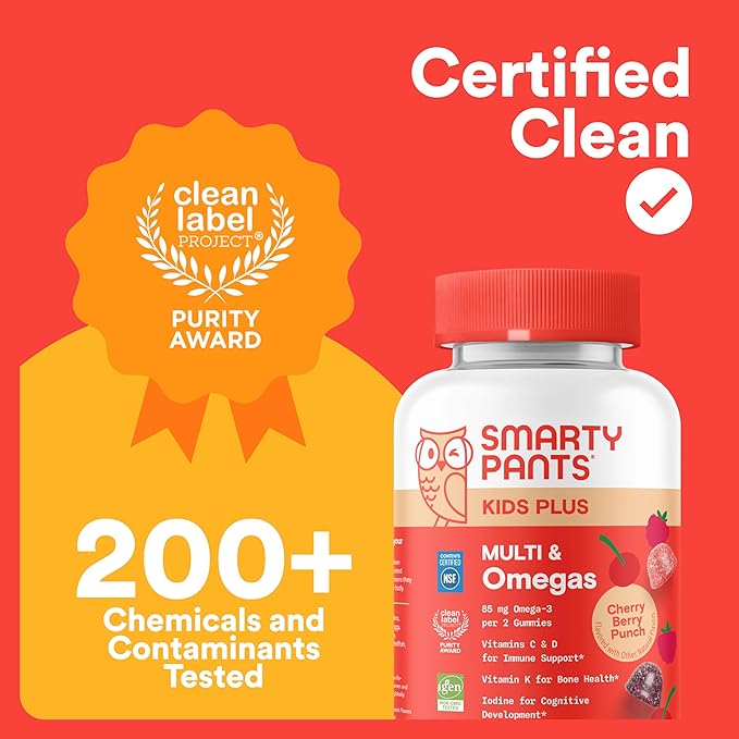 SmartyPants Kids Multivitamin Gummies - Improved Formula: Omega 3 (DHA/EPA), Vitamins D3, C, B12, B6, Vitamin A, K & Zinc, Gluten Free, Cherry Berry Punch Flavors, 60 Count (30 Day Supply)