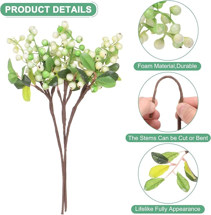 3-Pack Artificial Berry, 9.8 Inch Faux Holly Berry Foam Faux Frosted Berries with Stems for Home/Wedding/Christmas/DIY/Party/Garden/Office [White Green]