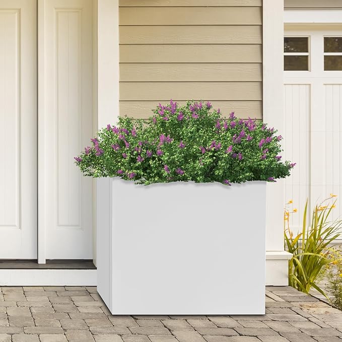 DYNAMI Square Planter Box,24x24x24in Steel Metal Planters Large Cube Plant Pot for Outdoors,Modern Heavy Duty Flower Pot for Patio, Deck, Yard, Garden (White, 24in)