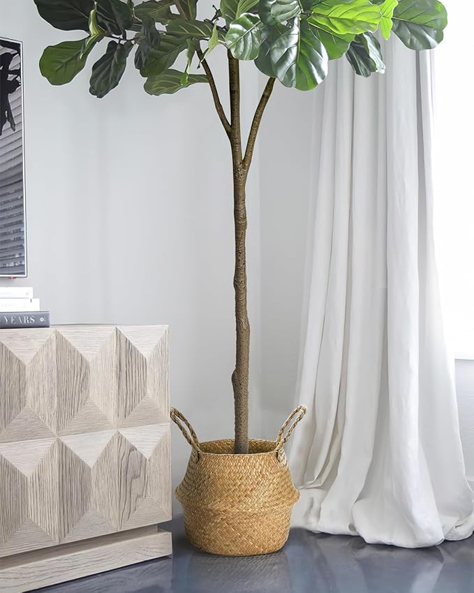 Artificial Fiddle Leaf Fig Tree 6FT - Large Fake Tree with White Planter&Basket, Tall Faux Ficus Lyrata Tree Floor Plants for Indoor Home Decor Office Living Room Housewarming Gift, 1Pack