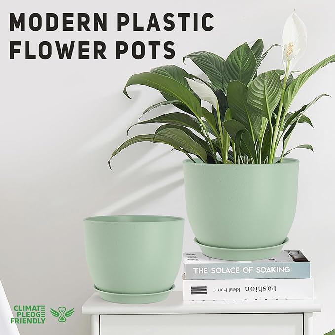 YNNICO Plant Pots 10/9/8/7.5/7 inch Flower Pots with Multi Mesh Drainage Holes, Planters for Indoor Outdoor Garden Plants and Flowers. (Green)