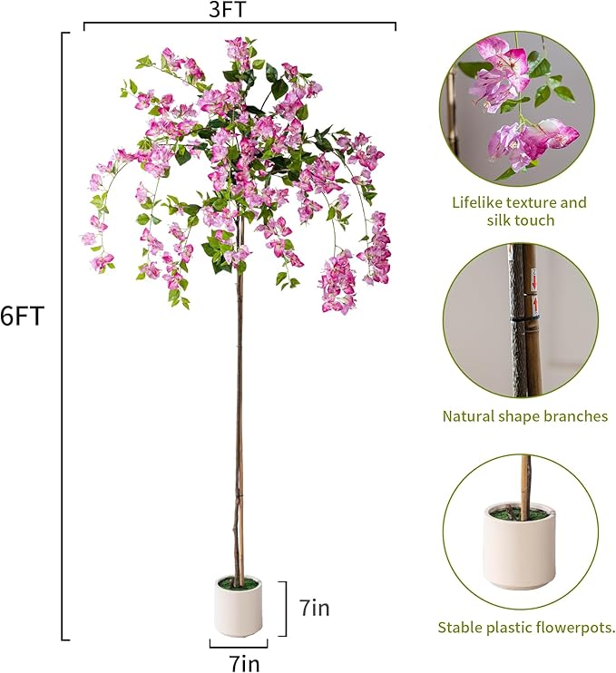 6FT Artificial Bougainvillea Tree Artificial Tree Tall Potted Fake Bougainvillea Trees for Outdoor Indoor Lifelike Potted Faux Plants with Wood Trunk and Flowers Office Wedding Home Decor