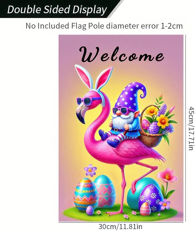 Easter Garden Flag 12" X 18" Double Sided Welcome Easter Flamingo Flag Gnome Garden Flag Gnome and Flamingo Welcome Spring Holiday Yard Outdoor Banner Yard Flags for Party Home Decor