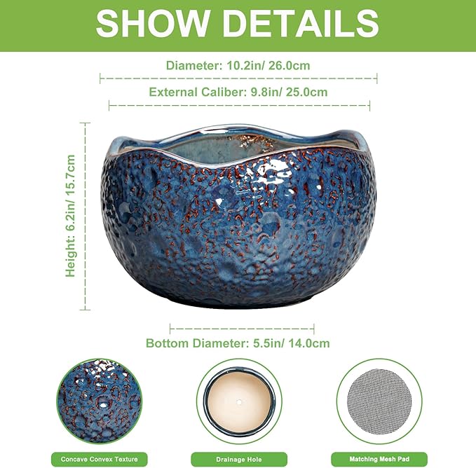 Thirtypot 10 Inch Plant Pot - Ceramic Planter for Indoor Outdoor, Round Bonsai Pots, Decorative Flower Pots with Drainage Hole, Modern Unique Planters, House Decor, Home Gifts, Retro Blue
