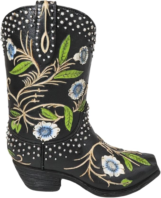 Ebros Gift Rustic Western Country Silver Studs with Midnight Floral Vine Blossoms Black Faux Tooled Leather Cowgirl Cowboy Boot Decorative Flower Bouquet Vase Or Planter Figurine 7" High