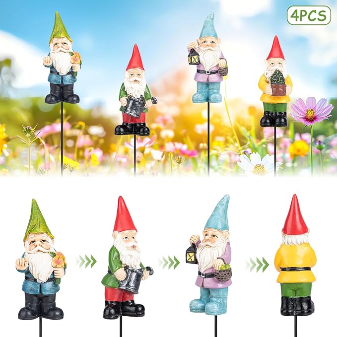 Garden Gnome Statue, Resin Miniature Gnome Set of 4PCS, Figurine with Garden Stakes for Lawn Patio Yard Outdoor Home Decor