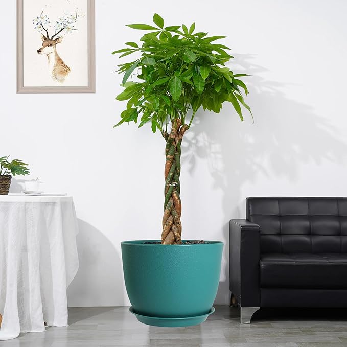 UOUZ 12inch Large Plant Pot, Modern Plastic Planter with High Driange Holes and Saucer for Indoor Outdoor Garden Plants and Flowers, Black with Green Speckles