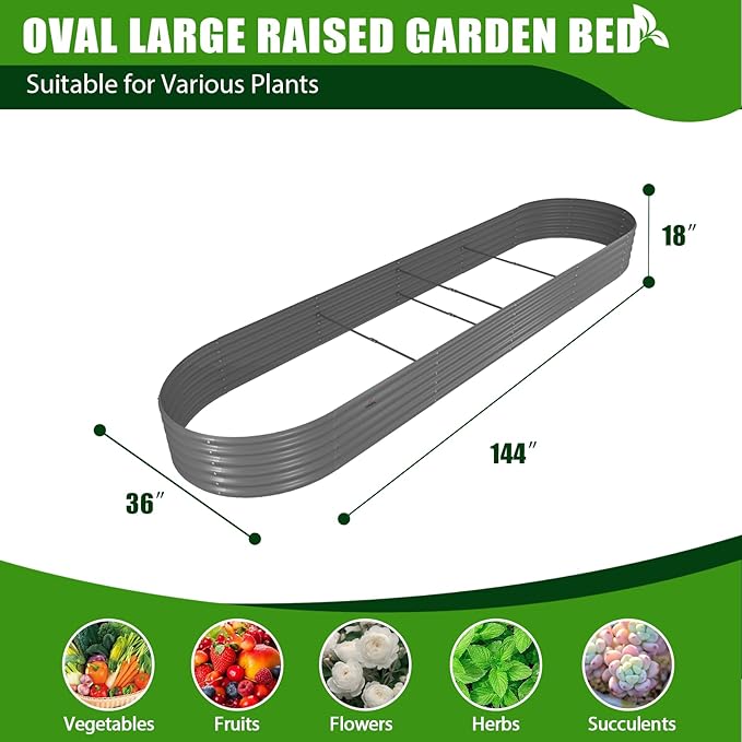 A ANLEOLIFE 6 Pcs 12X3X1.5 ft Oval Extra Large Galvanized Raised Garden Beds Outdoor for Planting Vegetables Flowers Herb, Quartz Grey