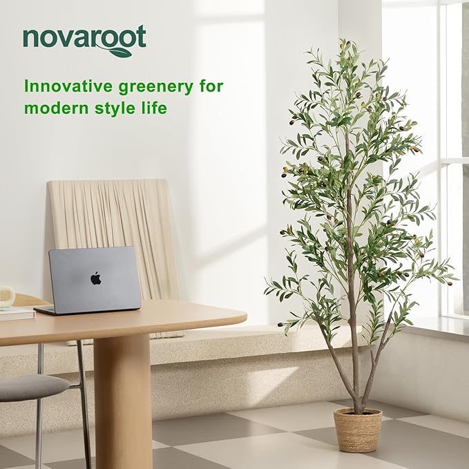 Olive Trees Artificial Indoor, 7FT Tall Faux Olive Tree with Moss and Planter, Artificial Plants Indoor with Natural Wood Trunk and Lifelike Fruits, Fake Tree for Home Office Living Room Decor