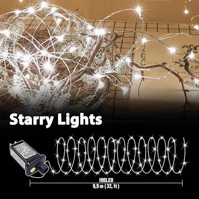 LAMPHOME Fairy Lights Plug in, 33Ft 100 LEDs Waterproof Twinkle Firefly Lights, Adaptor Included, Starry String Lights for Wedding Indoor Outdoor Christmas Patio Garden Decoration, White