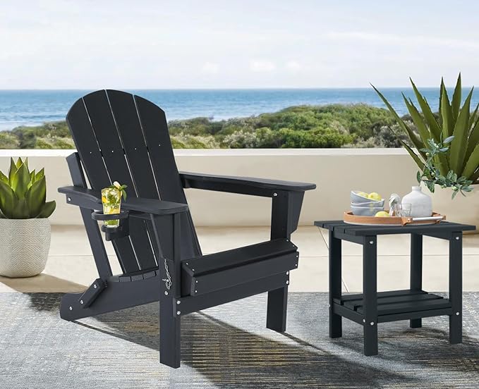 Folding Adirondack Chairs Set of 4- Plastic Adirondack Chairs with Cup Holder, Weather Resistant for Outdoor, Patio, Lawn, Garden, Backyard Deck, Fire Pit - Black