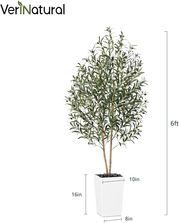 VeriNatural Artificial Olive Tree 6FT - Tall Faux Olive Trees with Natural Wood Trunk, Silk Leaves, White Taper Planter & Pebbles, UV Resistant Fake Plants Indoor for Home Decor, Office,Outdoor,VN131