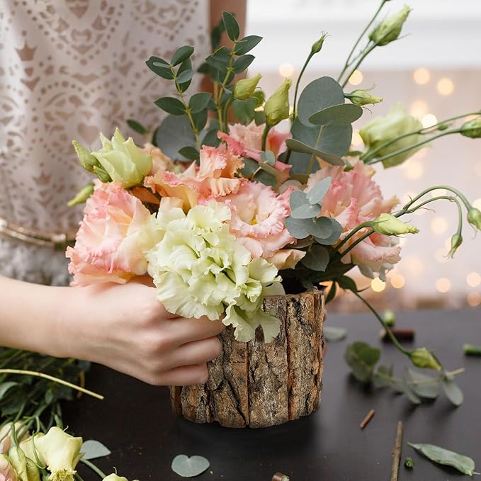 YARNOW Wooden Flower Pot Bark Vase Rustic Country Style Flower Planter Farmhouse Plant Vase Container Arrangement 12x12x10cm