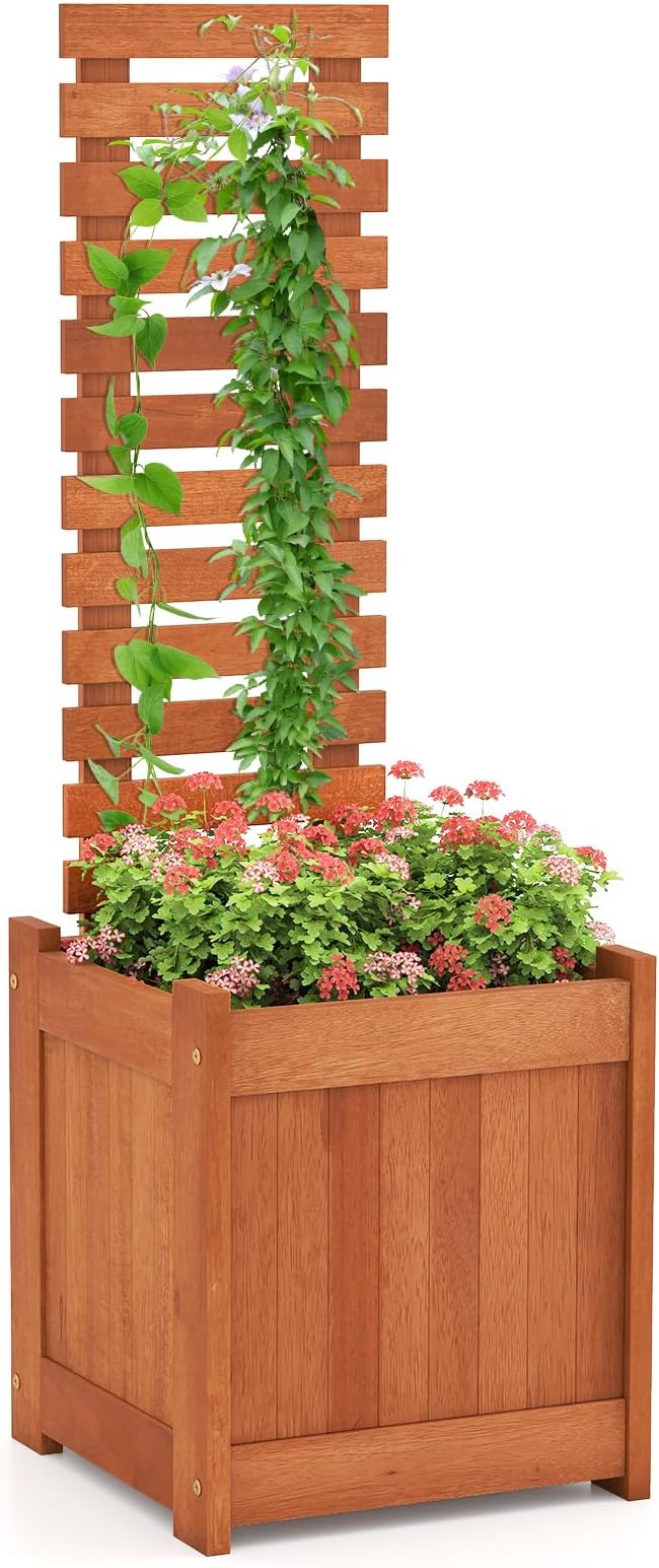 Giantex Wood Raised Garden Bed with Trellis, Outdoor Planter Box w/Open-Ended Base for Vines Flowers Vegetables, Herbs, Freestanding Plant Container Privacy Planters for Patio, Backyard