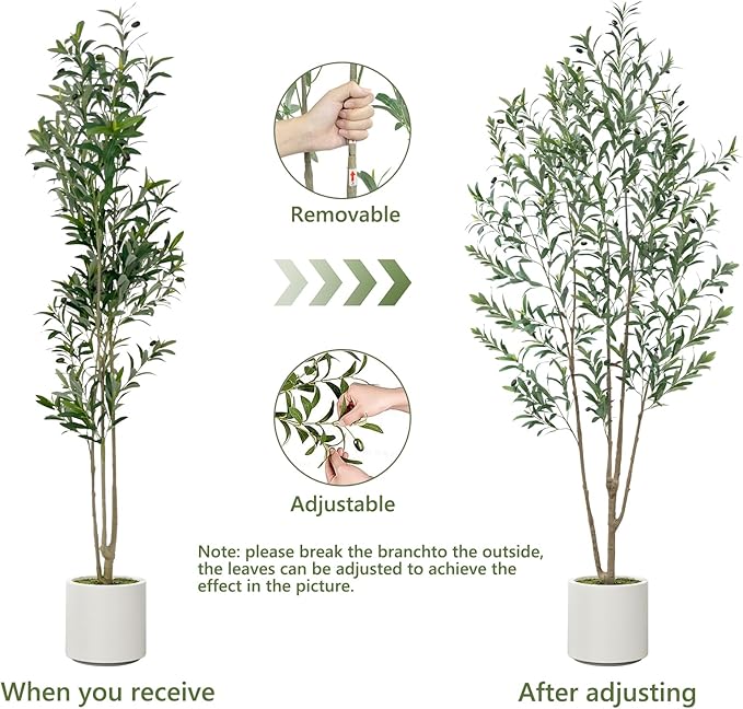 Olive Trees Artificial Indoor, 2 PCS 6FT Faux Olive Tree with Tall Pot, Natural Wood Trunk Treemote and Leaves, Fake Plant for Home Office Bedroom Decor