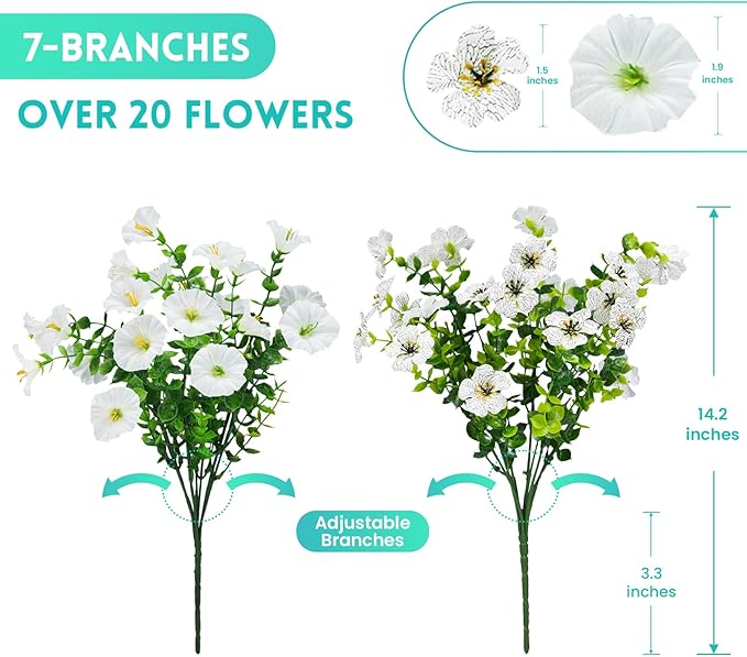 Hrobek Artificial Flowers for Outdoors Faux Plants Outside Indoor,Realistic UV Resistant Silk Fake Daisy Petunias for Home Patio Garden Back Yard Front Poch Decor Spring Summer(12 Bunches,White)