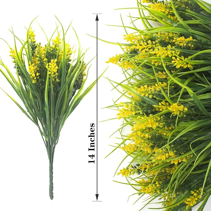 Grunyia 20 Bundles Artificial Plants Outdoor Fake Monkey Grass with Flowers (Yellow)
