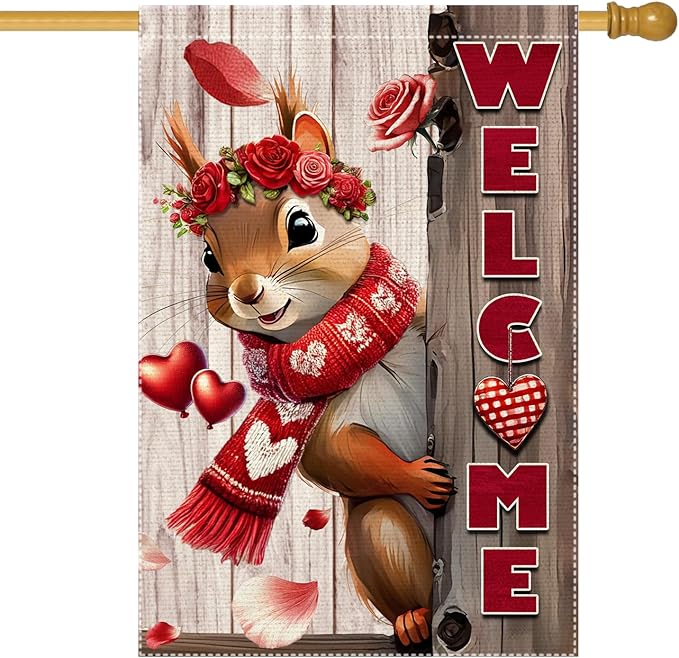Valentine’s Day Garden Flag 28x40inch Double Sided The Squirrel Red Love Heart Rose Valentine’s Garden Flags For Home Outdoor Yard Patio Lawn Decor,Welcome Valentine Garden Outside Decorations Banner