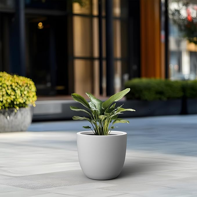 Kante Round Concrete Planter, Large Outdoor Indoor Garden Pots with Drainage Hole, 14-Inch Diameter Flower Pots for Patio, Garden and Home, White