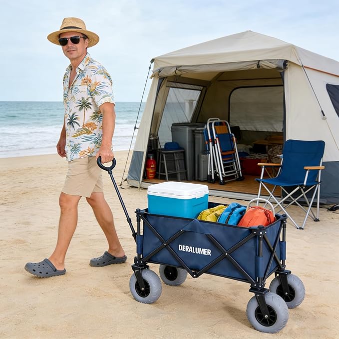 Beach Wagon with Big Wheels for Sand, 35"L Heavy Duty Folding Beach Wagon with 9×4" Balloon Tires, All Terrain Utility Cart for Garden, Sports, Camping, Outdoor (SandRover X800-B,Navy Blue)