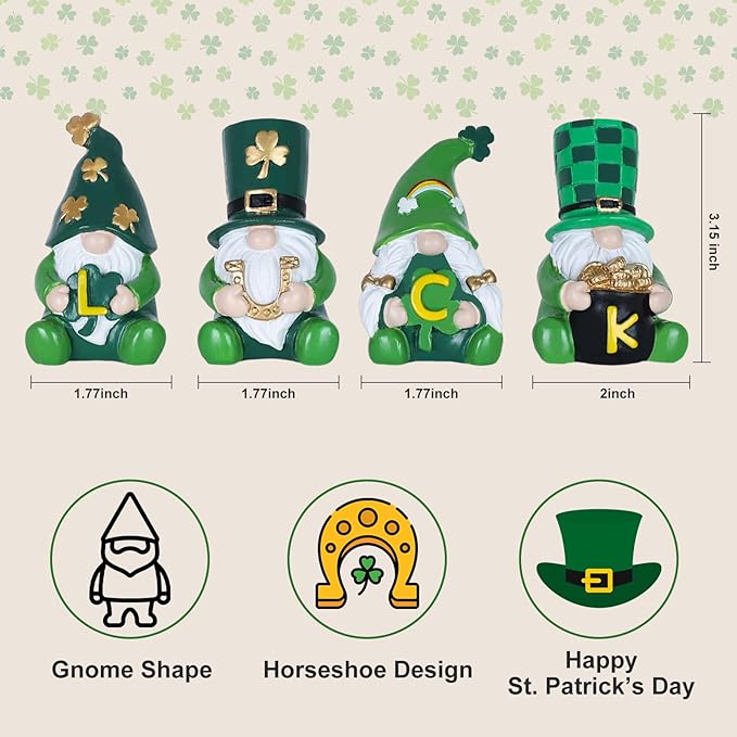 MEETYAMOR St Patricks Day Decorations, 4 PCS Gnome Resin Figurine for St Patricks Day Decor, Luck Sign Irish Green Clover Leprechaun Figurines Standing for Home Table, Mantel, Shelf