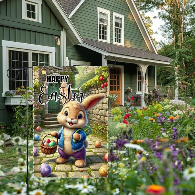 Happy Easter Garden Flag 12x18 Inch Small Double Sided Outside Easter Eggs with Flowers Branches Yard Decoration Seasonal Spring Outdoor Flags Decor