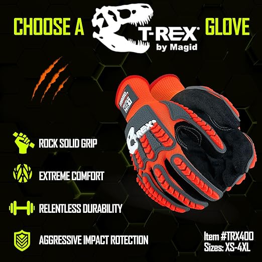 MAGID T-REX Flex Series Impact Gloves with Knuckle & Finger Protection, ANSI A1 Cut Resistant, Size 7/Small, NitriX Grip Work Gloves, 6 Pairs, TRX400