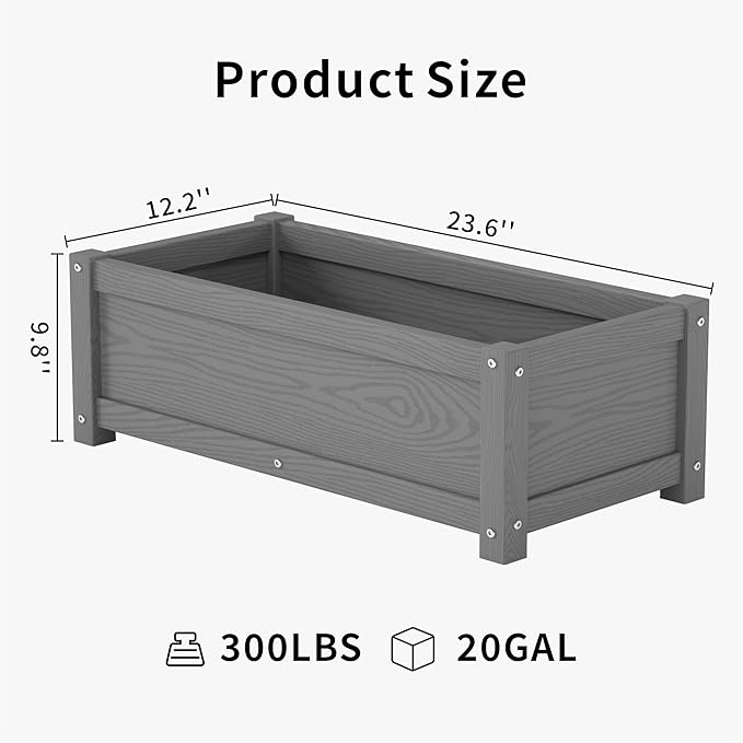 HDPE Planter Box, All-Weather Outdoor Garden Bed Easy to Assemble, Drainage System, Low Maintenance, Non-Fading, for Flower/Herb/Seed (Gray)