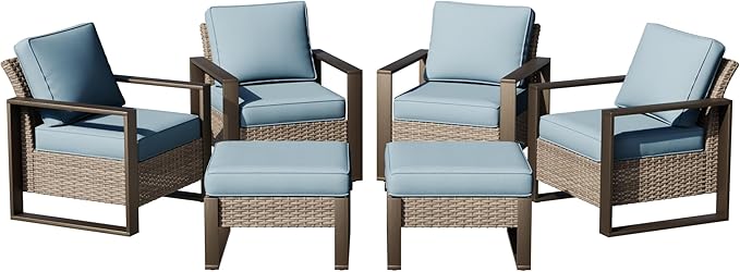 Joyside Outdoor Patio Chairs, 6 Pieces Wicker Rattan Furniture Set, 4 Patio Chairs and 2 Ottoman, Metal Wide Armrest, Thick Cushions and Deep Seating for Garden, Backyard, Porch, Deck