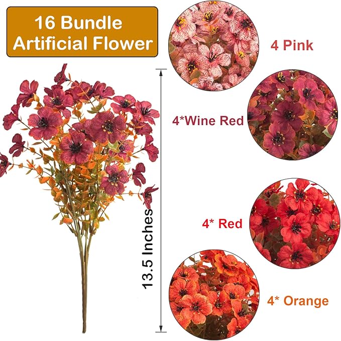 AITISOR 16 Bundles Artificial Fall Flowers, UV Resistant Faux Plants for Outdoor Decor - Fake Greenery for Porch, Patio, Garden, Thanksgiving Christmas Home Decoration (Mixed Colors)