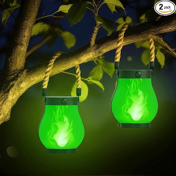 Hompavo Gen2 Solar Lanterns Outdoor with Ultra-Real Flame, Dual Charging (USB/Solar) & 2 Modes - Waterproof Decorative Hanging/Table Lights for Patio Garden Halloween Christmas Decorations, 2/Green