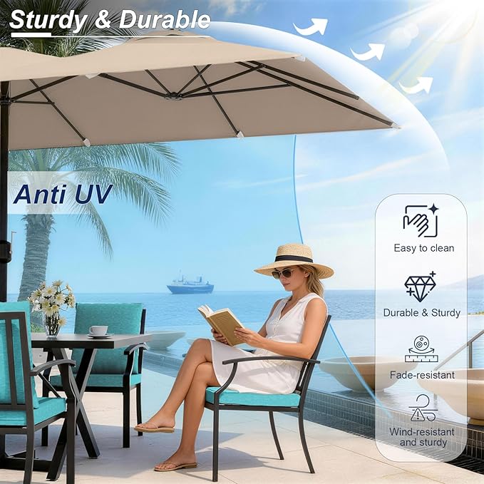 10-Piece Patio Dining Set,Metal Outdoor Furniture Set Includes 13.6FT Sand Umbrella,Hole Cut-Out 78.7" x 35.4" Table and 8 Metal Backrest Chairs for Backyard,Garden,Blue