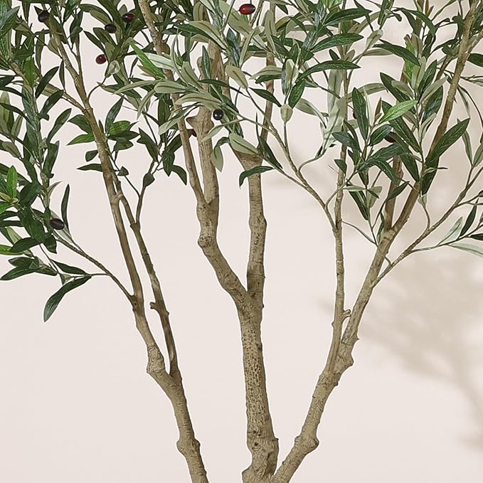 SOGUYI Olive Tree Artificial Indoor, 8FT Tall Faux Olive Tree with 11.5in White Cylinder Round Planter, Artificial Plants with Natural Wood Trunk and Lifelike Leaves for Home Office Decor