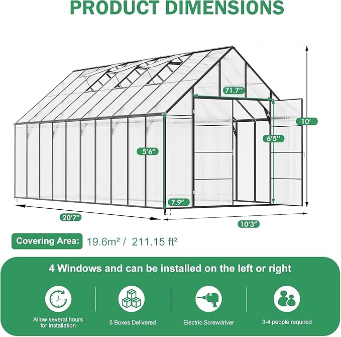 CDCASA 10x20 FT Greenhouse for Outdoors,Large Easy Assembly Polycarbonate Greenhouse Aluminum Greenhouses w/4 Vents Windows, Swing Door Walk-in Green House for Ouside,Backyard,Garden, Black