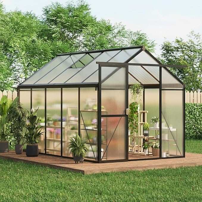 6x10 FT Greenhouse for Outdoors, Polycarbonate Greenhouse with Roof Vent, Ground Nails, Lockable Push Door, Aluminum Large Walk-in Green House for Outside Garden Backyard, Patio, Lawn, Black