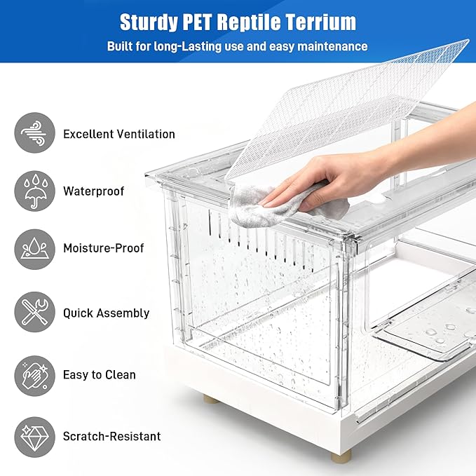 Foldable Reptile Terrarium, 30 Gallon Bearded Dragon Tank Fully Transparent Reptile Enclosure, 28"x17"x16" Front Opening Snake Enclosure Cages with Metal Mesh Roof for Lizard Gecko Spider Turtles