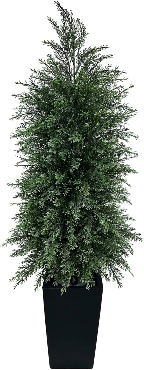 5FT Artificial Topiary Tree with Tall Black Planter Beautiful Realistic Faux Cedar Pines Christmas Trees UV Rated Fake Shrubs for Front Porch Faux Plants Indoor and Outdoor Decor (1 Pack)