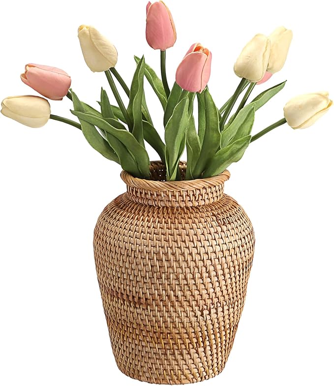 JUXYES Tabletop Woven Rattan Vase for Flowers, Rustic Country Style Rattan Basket Vase, Farmhouse Small Wicker Woven Bouquet Vase Table Centerpiece for Home Decor