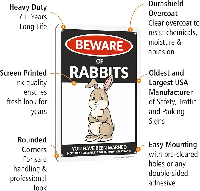 SmartSign Funny Beware Of Rabbits Warning Sign - 10"x7", 40 mil Laminated Rust-free Aluminum - Metal Signs for Farms, Outdoors, Patio, Gifts, Cafe - Rabbits Theme, Made in USA