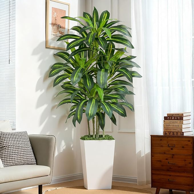 Keeplush 6FT Artificial Dracaena Tree - High-Density Foliage Fake Plant with White Tall Planter - Faux Yucca Floor Plant for Home Office Decor Indoor